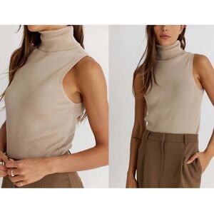 All:Row Nadia Sleeveless Turtleneck Top Ribbed Knit Neutral‎ Beige Medium